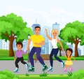 Vector illustration of happy and smiley family skating on roller skates in the park. Dad, mom, daughter and son skating Royalty Free Stock Photo