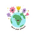 Vector illustration of a happy smiling globe, cute planet Earth and colorful flowers. Royalty Free Stock Photo