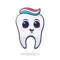 Vector illustration. Happy smiling healthy baby human tooth with eyes and toothpaste. Symbol of somatology and oral hygiene.