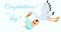 Vector illustration of happy stork carrying cute baby boy in bag. It s a boy Newborn baby concept in cartoon style for