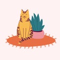 Vector illustration happy striped cat sitting on the carpet near a flower pot. Royalty Free Stock Photo