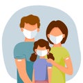 Vector illustration of happy vaccinated family with kids in masks. Mother, father, daughter.