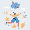 Vector illustration of happy woman with arms up and runing to celebrate