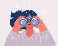 Vector illustration of Happy woman holding binocular and looking far ahead. Observation, discovery, future concept