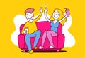 Vector illustration of happy woman and man sitting on sofa high