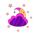 Vector illustration has a sleeping month behind a cloud.