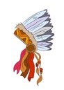 Vector illustration of hat with feathers of indian, drawing colo