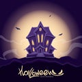 Haunted witch house at Halloween night with black cat in the window. Royalty Free Stock Photo