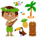 Hawaiian boy playing music with his guitar. Vector illustration collection. Royalty Free Stock Photo