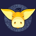 Vector illustration head of yellow pig for happy new year 2019 card