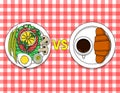 Vector illustration of a healthy meal vs a junk food.