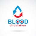 Vector illustration of heart shape with arrows and drops of blood. Blood circulation concept, rehabilitation creative symbol