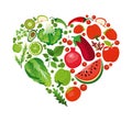 Vector illustration heart shape of red fruits and vegetables. Healthy nutrition organic concept in flat style. Royalty Free Stock Photo