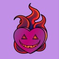 Vector illustration of a heart with spooky smile and flames of fire. Royalty Free Stock Photo