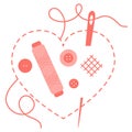 Stitched heart, needle, thread, buttons. Sewing