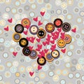 Vector illustration of hearts with buttons on seamless background. Cartoon design for handmade lovers, wrapping etc