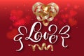 Vector illustration with hearts gift gold ribbon and text Love. Can be used for wedding invitation, card for Valentines Royalty Free Stock Photo