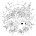 Vector illustration hedgehog with flowers. Coloring book anti stress for adults. Black and white