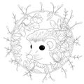 Vector illustration hedgehog with flowers. Coloring book anti stress for adults. Black and white