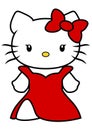 Vector illustration of Hello Kitty with long red dress and red bow isolated on white background, cartoon Royalty Free Stock Photo
