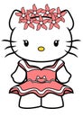 Vector illustration of Hello Kitty with short pink dress and a wreath of pink flowers on her head, isolated on white background