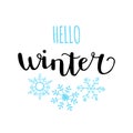 Vector illustration Hello winter with cursive lettering and doodle snowflakes