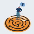 Vector illustration of Help person find a way. Man think how to pass the maze. Question in his head on white backround.