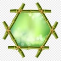 Hexagonal green bamboo poles border with rope and bokeh background