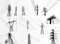 Vector Illustration. High Voltage  Towers Electric Power Transmission. Lines Supplies Electricity to the Text.  Pylon, pole networ Royalty Free Stock Photo