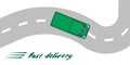 Vector illustration of highway and green truck. Isolated road and car, top view. Road background with markings.