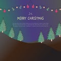 Vector illustration hill and pine tree with stary night and christmas lamp ornament