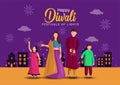 Vector illustration of Hindu family celebrating on Happy Diwali Indian holiday background Royalty Free Stock Photo