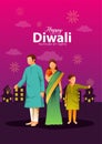 vector illustration of Hindu family celebrating on Happy Diwali Indian holiday background Royalty Free Stock Photo