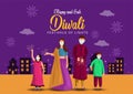 Vector illustration of Hindu family celebrating on Happy Diwali Indian holiday background. covid 19, corona virus concept Royalty Free Stock Photo