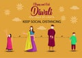 Vector illustration of Hindu family celebrating on Happy Diwali Indian holiday background. covid 19, corona virus concept, keep Royalty Free Stock Photo