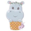 Vector illustration of a hippo sitting in a basket. Cute little illustration of hippopotamus for kids, baby book, baby