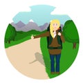 Hitch-hiker girl with backpack standing on the road in the mountains Royalty Free Stock Photo