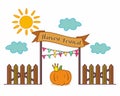 Vector illustration of the holiday of the autumn harvest: pumpkin with a crown, a fence, the inscription on the ribbon `Harvest Fe Royalty Free Stock Photo