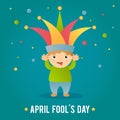 Vector illustration for holiday fool day. The boy in the cap of the jester with his tongue out. Day of jokes, laughter