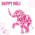 Vector Illustration on holiday Holi in India. The elephant is painted with flowers. The inscription is a congratulation.