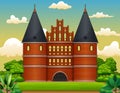 Cartoon of the holstentor in the middle of a natural landscape