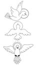 Vector illustration of Holy Spirit. Collection of outline, line doodle - Dove with halo in flight. Religious icon of