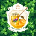 Vector illustration of honey in frame on background clover