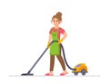 Vector illustration of hoovering housewife. Woman vacuuming house. Royalty Free Stock Photo