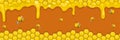 Horizontal banner with honeycombs, honey and bees. Bees carry honey in buckets. Vector illustration