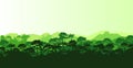 Vector illustration of horizontal panorama tropical rainforest in silhouette style with trees and mountains, jungle