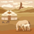 Vector illustration. Horse and foal, flying eagle on the background of a mountain landscape and a yurt