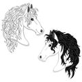 Vector illustration of horse head clip-art set. Monochrome image. Coloring page