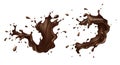 Vector illustration of hot chocolate, cacao or coffee splash with drops, blobs, blots isolated on white background.