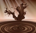 Vector illustration of hot chocolate splash, liquid cacao or coffee with drops. Advertising background, poster, banner